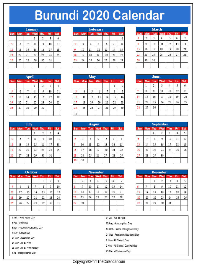 Burundi Printable Calendar 2020